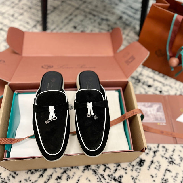 Loro Piana Black White Suede Charms Walk Flat Mules