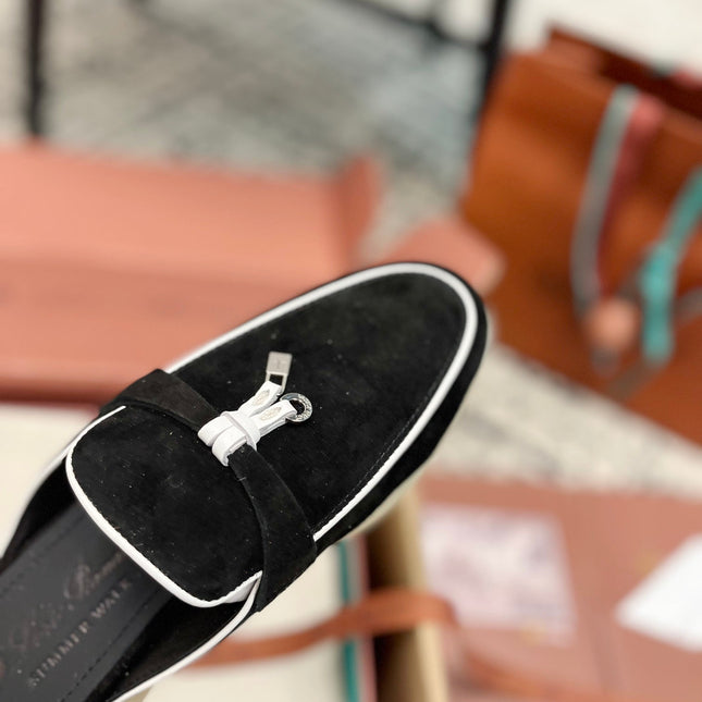 Loro Piana Black White Suede Charms Walk Flat Mules