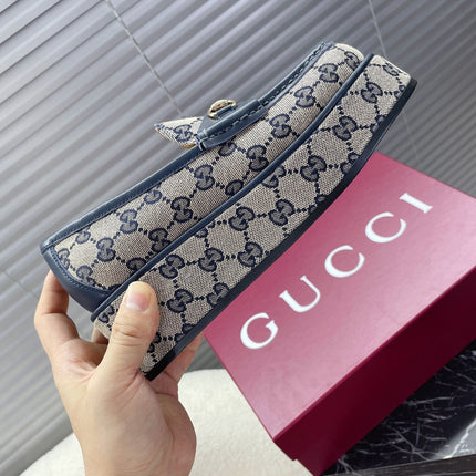 HORSEBIT PLATFORM LOAFER IN TAN BEIGEMONOGRAM JACQUARD FABRIC AND NAVY BLUE CALFSKIN