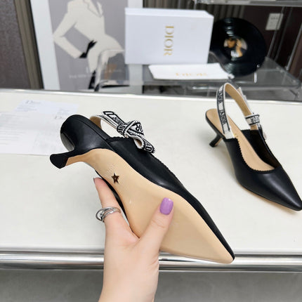 J'ADIOR SLINGBACK PUMP BLACK CALFSKIN AND EMBROIDERED FABRIC 65 MM