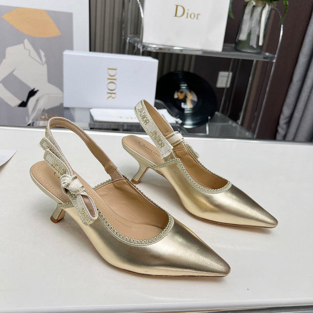 J'ADIOR SLINGBACK PUMP LIGHT GOLD CALFSKIN AND EMBROIDERED FABRIC 65 MM