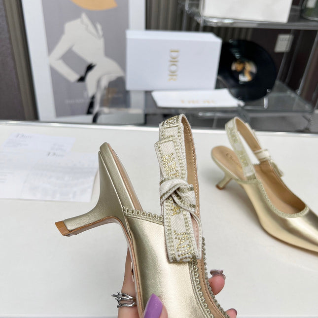 J'ADIOR SLINGBACK PUMP LIGHT GOLD CALFSKIN AND EMBROIDERED FABRIC 65 MM