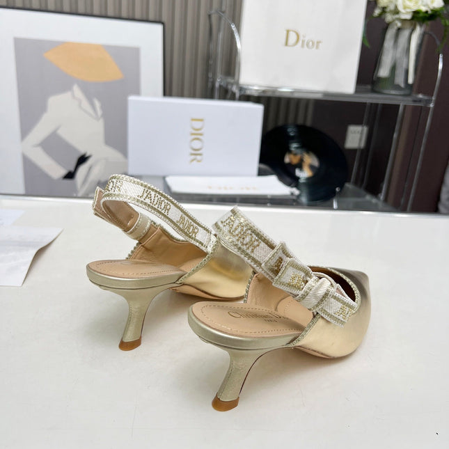 J'ADIOR SLINGBACK PUMP LIGHT GOLD CALFSKIN AND EMBROIDERED FABRIC 65 MM