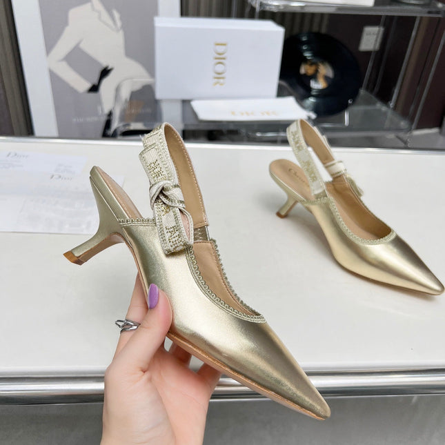J'ADIOR SLINGBACK PUMP LIGHT GOLD CALFSKIN AND EMBROIDERED FABRIC 65 MM