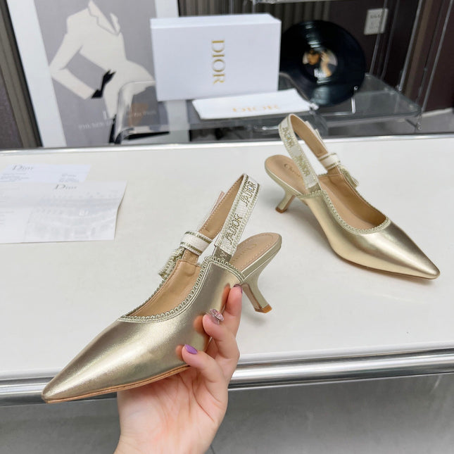 J'ADIOR SLINGBACK PUMP LIGHT GOLD CALFSKIN AND EMBROIDERED FABRIC 65 MM