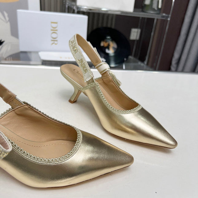 J'ADIOR SLINGBACK PUMP LIGHT GOLD CALFSKIN AND EMBROIDERED FABRIC 65 MM