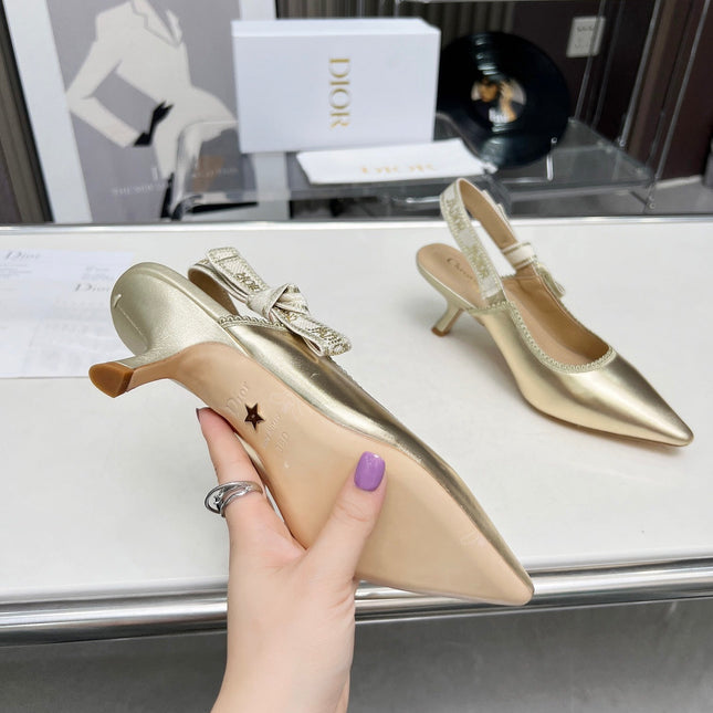 J'ADIOR SLINGBACK PUMP LIGHT GOLD CALFSKIN AND EMBROIDERED FABRIC 65 MM