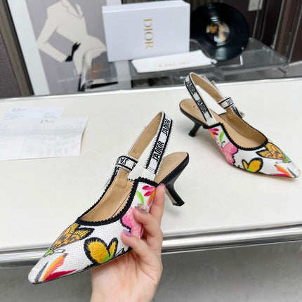 J'ADIOR SLINGBACK PUMP COLORFUL NATURAL RAFFIA AND EMBROIDERED COTTON 65 MM 130844