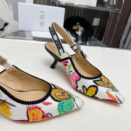 J'ADIOR SLINGBACK PUMP COLORFUL NATURAL RAFFIA AND EMBROIDERED COTTON 65 MM 130844