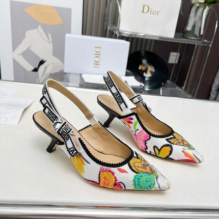 J'ADIOR SLINGBACK PUMP COLORFUL NATURAL RAFFIA AND EMBROIDERED COTTON 65 MM 130844