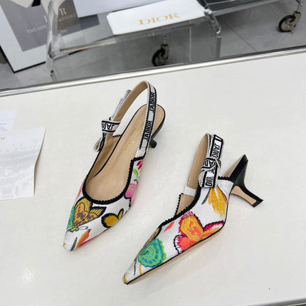 J'ADIOR SLINGBACK PUMP COLORFUL NATURAL RAFFIA AND EMBROIDERED COTTON 65 MM 130844