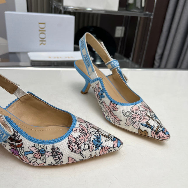 J'ADIOR SLINGBACK PUMP COLORFUL NATURAL RAFFIA AND EMBROIDERED COTTON 65 MM 130845