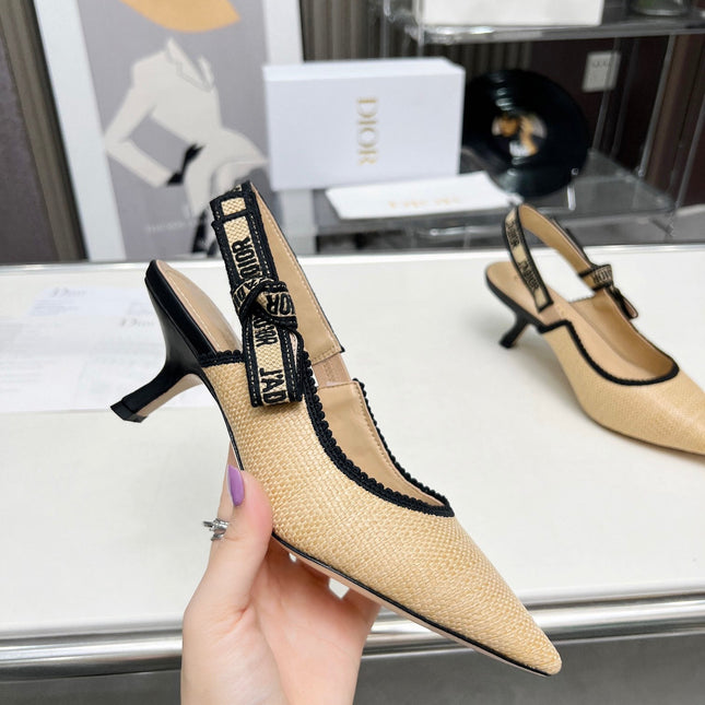 J'ADIOR SLINGBACK PUMP NATURAL RAFFIA AND BLACK EMBROIDERED COTTON 65 MM