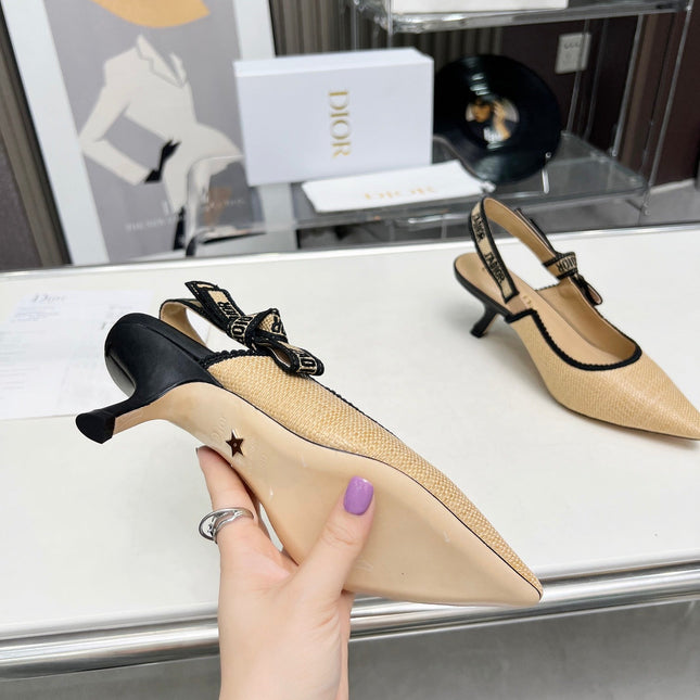 J'ADIOR SLINGBACK PUMP NATURAL RAFFIA AND BLACK EMBROIDERED COTTON 65 MM