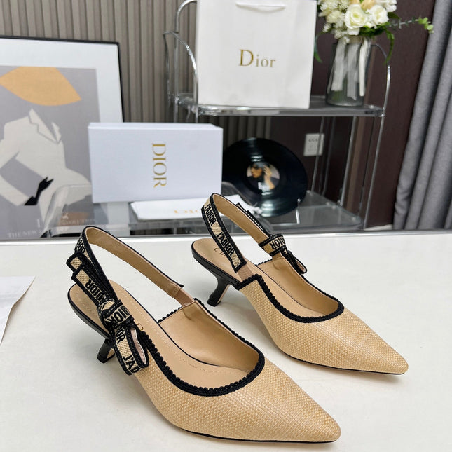 J'ADIOR SLINGBACK PUMP NATURAL RAFFIA AND BLACK EMBROIDERED COTTON 65 MM