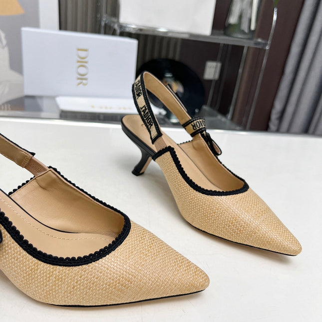 J'ADIOR SLINGBACK PUMP NATURAL RAFFIA AND BLACK EMBROIDERED COTTON 65 MM