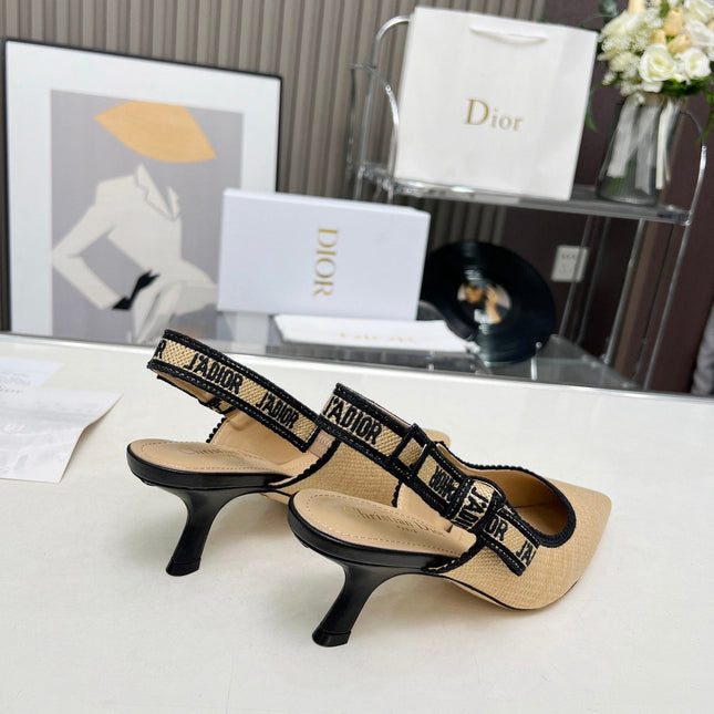 J'ADIOR SLINGBACK PUMP NATURAL RAFFIA AND BLACK EMBROIDERED COTTON 65 MM