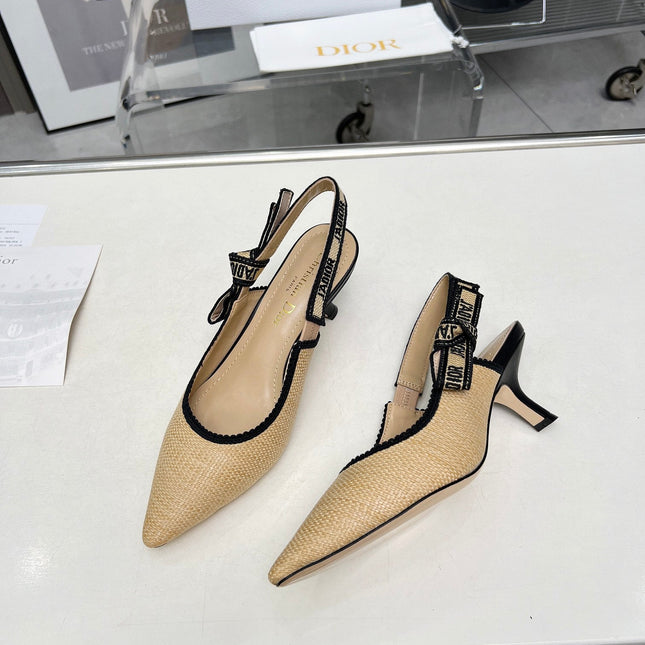 J'ADIOR SLINGBACK PUMP NATURAL RAFFIA AND BLACK EMBROIDERED COTTON 65 MM