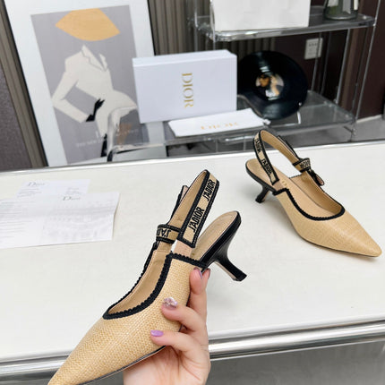 J'ADIOR SLINGBACK PUMP NATURAL RAFFIA AND BLACK EMBROIDERED COTTON 65 MM