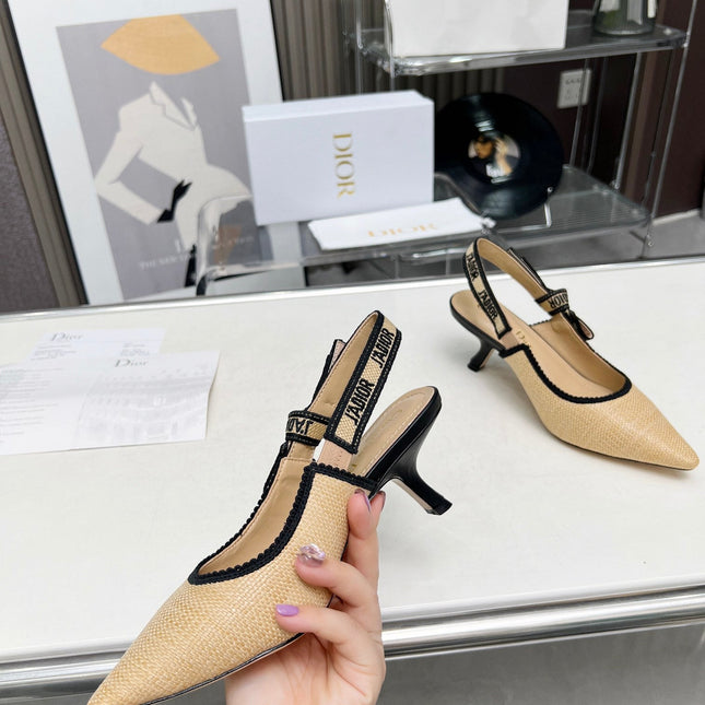 J'ADIOR SLINGBACK PUMP NATURAL RAFFIA AND BLACK EMBROIDERED COTTON 65 MM