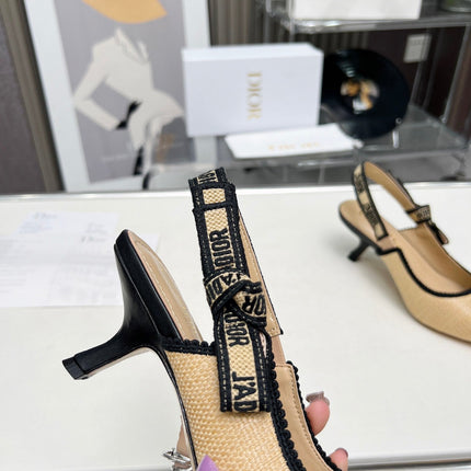 J'ADIOR SLINGBACK PUMP NATURAL RAFFIA AND BLACK EMBROIDERED COTTON 65 MM