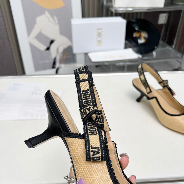 J'ADIOR SLINGBACK PUMP NATURAL RAFFIA AND BLACK EMBROIDERED COTTON 65 MM