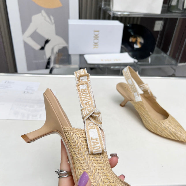 J'ADIOR SLINGBACK PUMP NATURAL RAFFIA AND BEIGE EMBROIDERED COTTON 65 MM