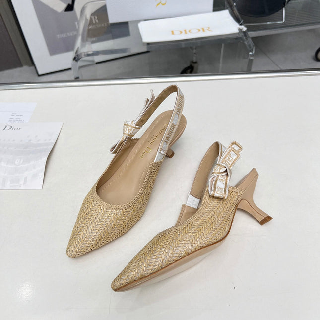 J'ADIOR SLINGBACK PUMP NATURAL RAFFIA AND BEIGE EMBROIDERED COTTON 65 MM
