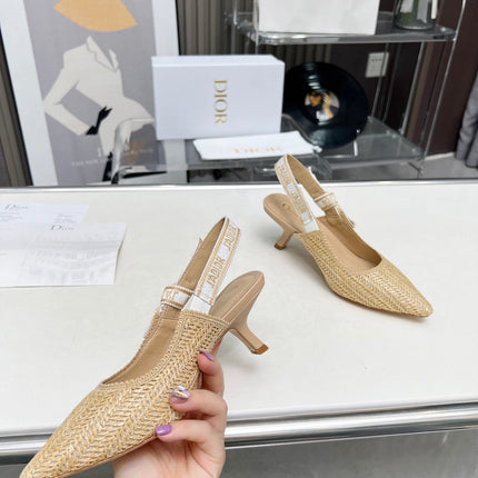 J'ADIOR SLINGBACK PUMP NATURAL RAFFIA AND BEIGE EMBROIDERED COTTON 65 MM