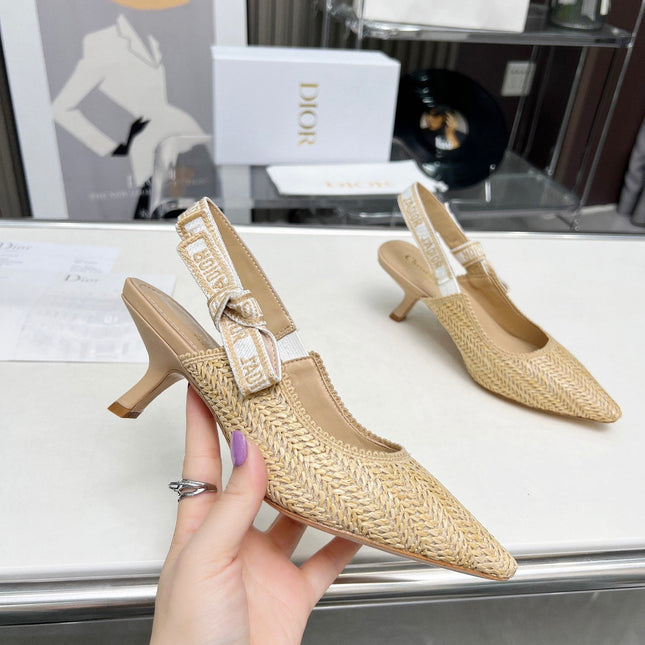 J'ADIOR SLINGBACK PUMP NATURAL RAFFIA AND BEIGE EMBROIDERED COTTON 65 MM