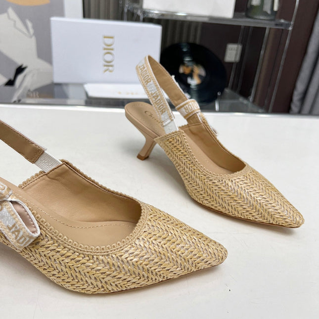 J'ADIOR SLINGBACK PUMP NATURAL RAFFIA AND BEIGE EMBROIDERED COTTON 65 MM