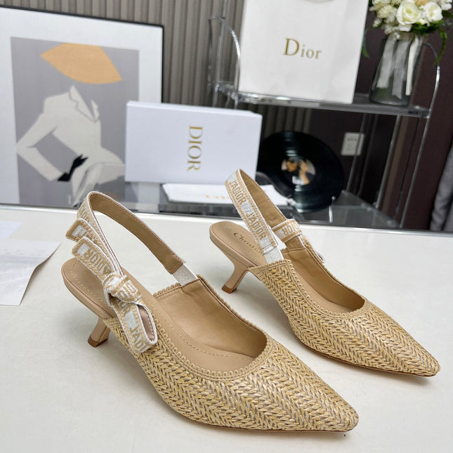 J'ADIOR SLINGBACK PUMP NATURAL RAFFIA AND BEIGE EMBROIDERED COTTON 65 MM