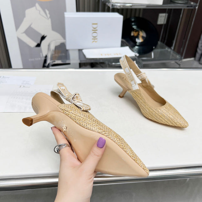 J'ADIOR SLINGBACK PUMP NATURAL RAFFIA AND BEIGE EMBROIDERED COTTON 65 MM