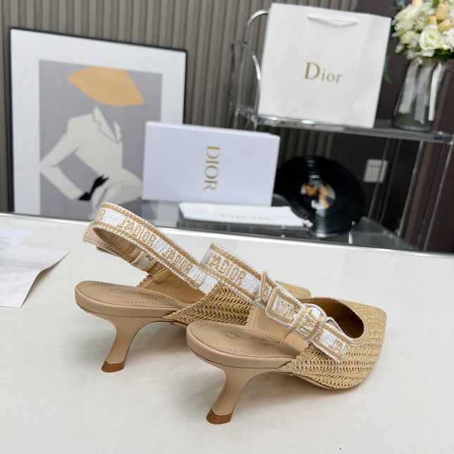 J'ADIOR SLINGBACK PUMP NATURAL RAFFIA AND BEIGE EMBROIDERED COTTON 65 MM