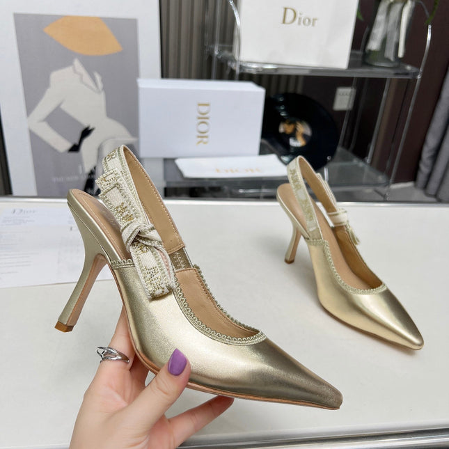 J'ADIOR SLINGBACK PUMP LIGHT GOLD CALFSKIN AND EMBROIDERED FABRIC 10 CM