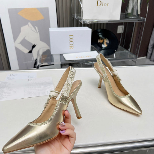 J'ADIOR SLINGBACK PUMP LIGHT GOLD CALFSKIN AND EMBROIDERED FABRIC 10 CM