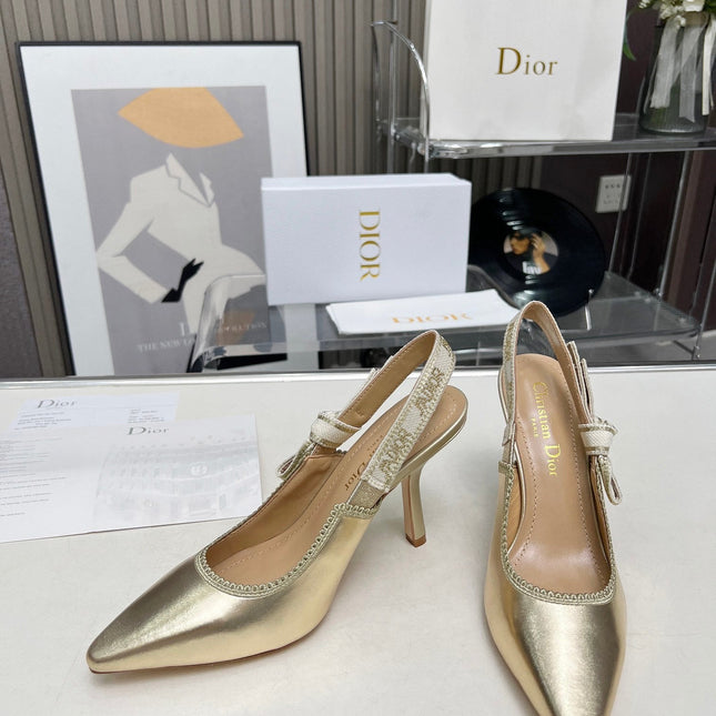 J'ADIOR SLINGBACK PUMP LIGHT GOLD CALFSKIN AND EMBROIDERED FABRIC 10 CM