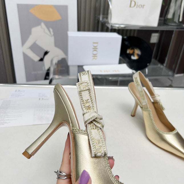 J'ADIOR SLINGBACK PUMP LIGHT GOLD CALFSKIN AND EMBROIDERED FABRIC 10 CM