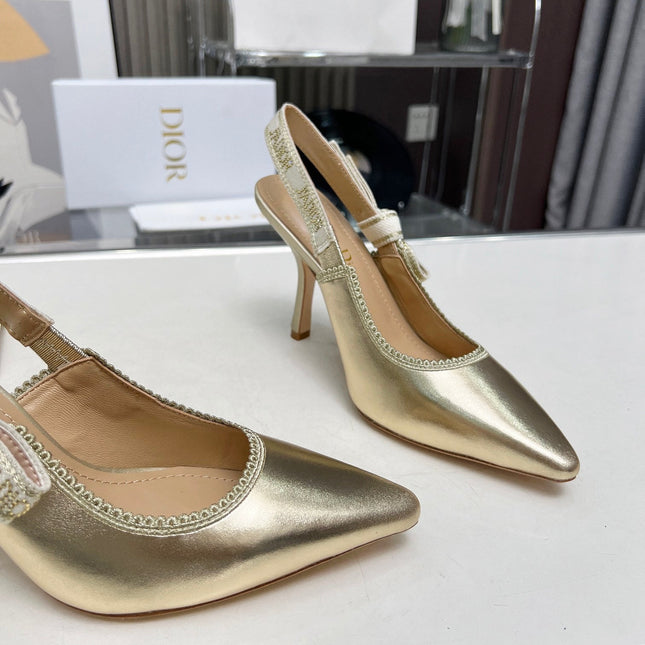 J'ADIOR SLINGBACK PUMP LIGHT GOLD CALFSKIN AND EMBROIDERED FABRIC 10 CM