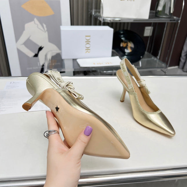 J'ADIOR SLINGBACK PUMP LIGHT GOLD CALFSKIN AND EMBROIDERED FABRIC 10 CM