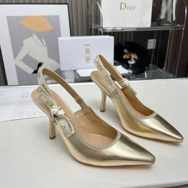 J'ADIOR SLINGBACK PUMP LIGHT GOLD CALFSKIN AND EMBROIDERED FABRIC 10 CM