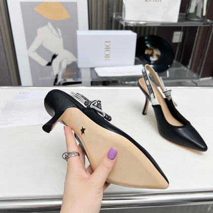 J'ADIOR SLINGBACK PUMP BLACK CALFSKIN AND BLACK EMBROIDERED FABRIC 10 CM