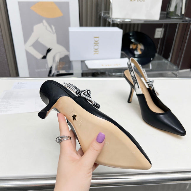 J'ADIOR SLINGBACK PUMP BLACK CALFSKIN AND BLACK EMBROIDERED FABRIC 10 CM