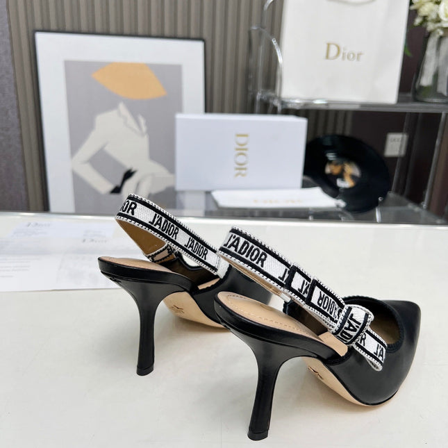 J'ADIOR SLINGBACK PUMP BLACK CALFSKIN AND BLACK EMBROIDERED FABRIC 10 CM