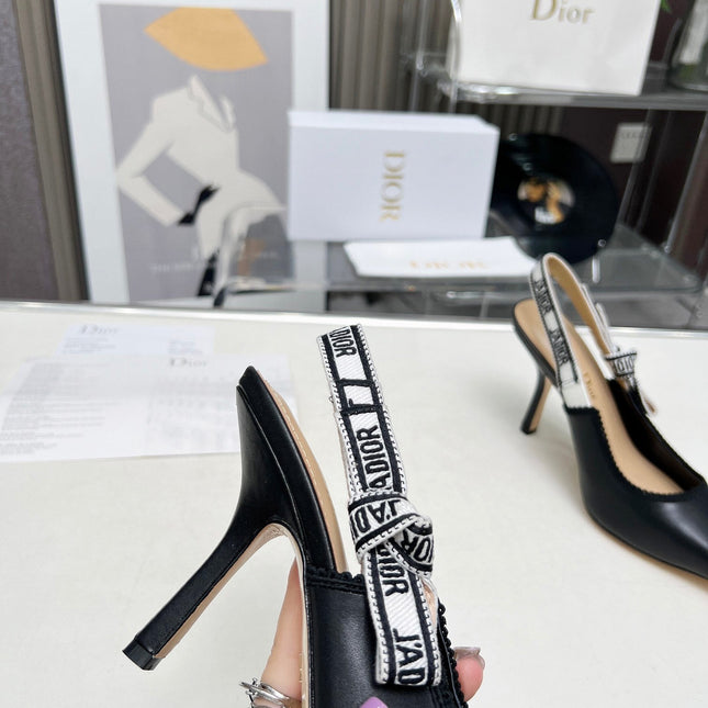 J'ADIOR SLINGBACK PUMP BLACK CALFSKIN AND BLACK EMBROIDERED FABRIC 10 CM