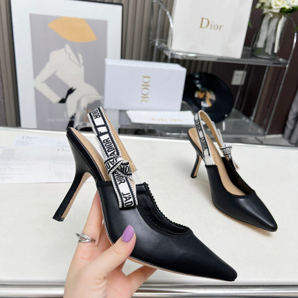 J'ADIOR SLINGBACK PUMP BLACK CALFSKIN AND BLACK EMBROIDERED FABRIC 10 CM