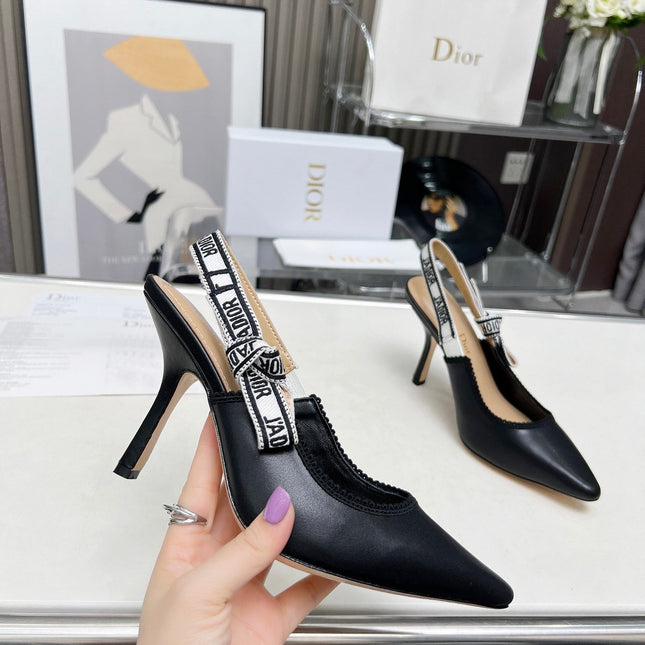 J'ADIOR SLINGBACK PUMP BLACK CALFSKIN AND BLACK EMBROIDERED FABRIC 10 CM