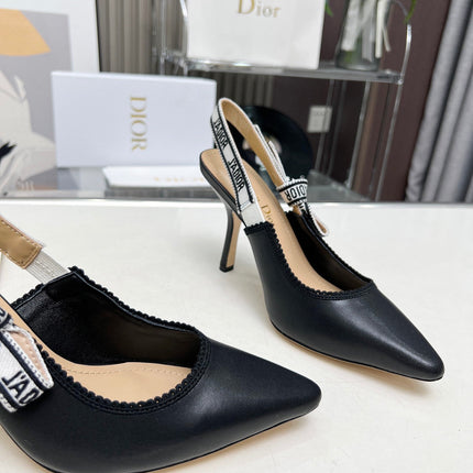 J'ADIOR SLINGBACK PUMP BLACK CALFSKIN AND BLACK EMBROIDERED FABRIC 10 CM