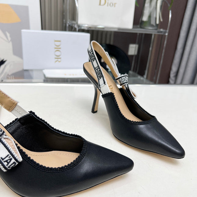 J'ADIOR SLINGBACK PUMP BLACK CALFSKIN AND BLACK EMBROIDERED FABRIC 10 CM
