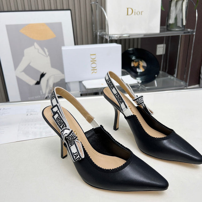 J'ADIOR SLINGBACK PUMP BLACK CALFSKIN AND BLACK EMBROIDERED FABRIC 10 CM